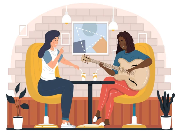 Flickan sjunger sång för sin vän och spelar gitarr. Kvinnor vilar och umgås på caféet — Stock vektor