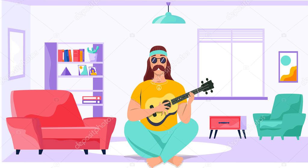 Male bard with ukulele in hands. Mustachioed man singing at home. Guitarist composes songs and plays
