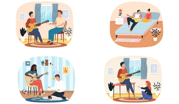 Conjunto de ilustraciones sobre personas que pasan tiempo juntas y tocan la guitarra. Hacer música en el instrumento — Vector de stock