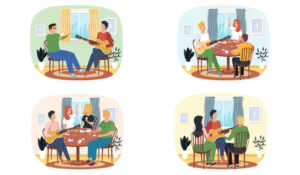 Conjunto de ilustraciones sobre amigos jugando juegos de mesa y escuchando música de guitarrista — Vector de stock