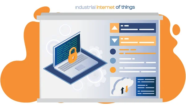 Internet industriel des objets, ordinateur portable ouvert et cadenas fermé symbole. Technologies numériques modernes — Image vectorielle