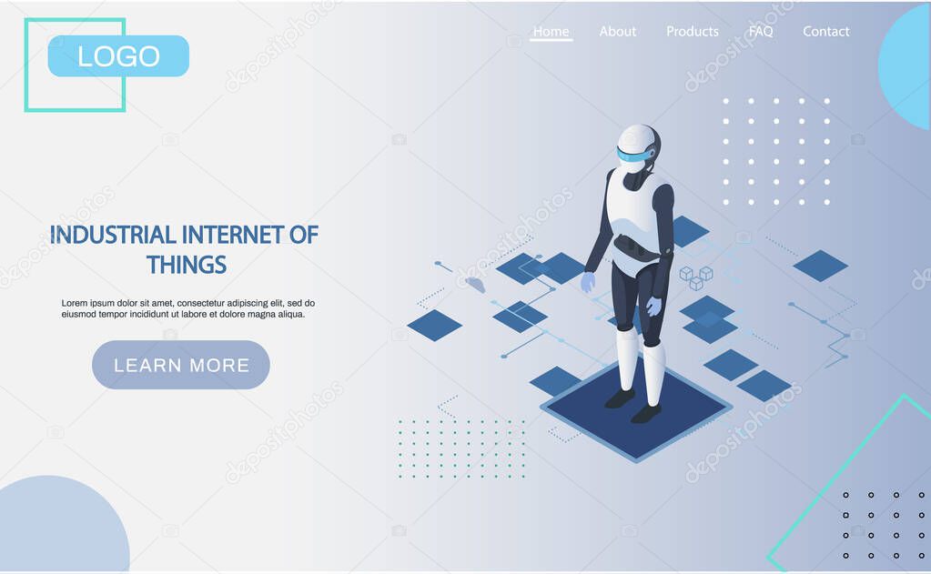 Industrial internet of things landing page. Robot cybernetic organism works with digital interface