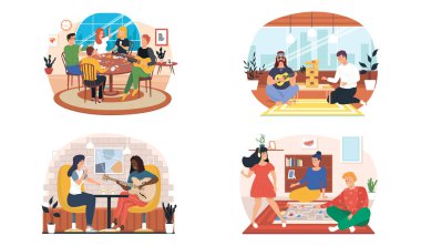 Evde arkadaşlarla gitar ve masa oyunları ile dinlenme ve eğlence hakkında bir dizi çizim