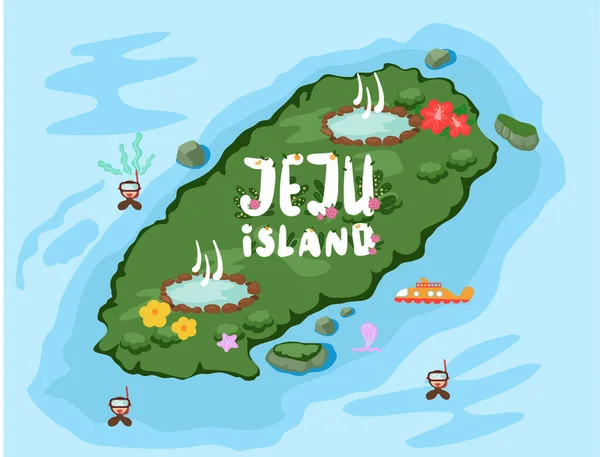 Welcome to Jeju island in South Korea, traditional landmarks, symbols. Korean land with traditional attractions — Stock Vector