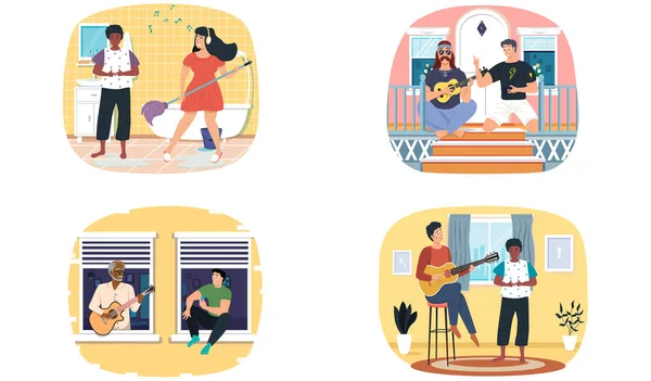 Conjunto de ilustraciones sobre personajes que se divierten juntos en casa y escuchan tocar la guitarra — Vector de stock