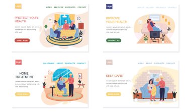 Tedavi tavsiyeli tıbbi web sitesi hakkında bir dizi illüstrasyon. Etkili kişisel bakım kavramı