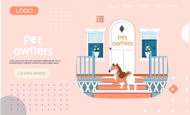 Hayvan sahipleri iniş sayfası şablonu. Köpek kapının eşiğinde duruyor. Güzel, beyaz, klasik bir ön kapısı var.