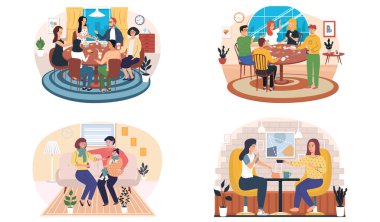 Masa oyunlu aileyle ilgili çizimler. Evdeki insanlar. Akrabalar birlikte oynuyor