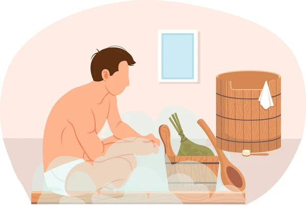 Personagem masculino em banho de vapor quente ao lado de fonte de madeira. Homem está sentado e relaxante na sauna — Vetor de Stock