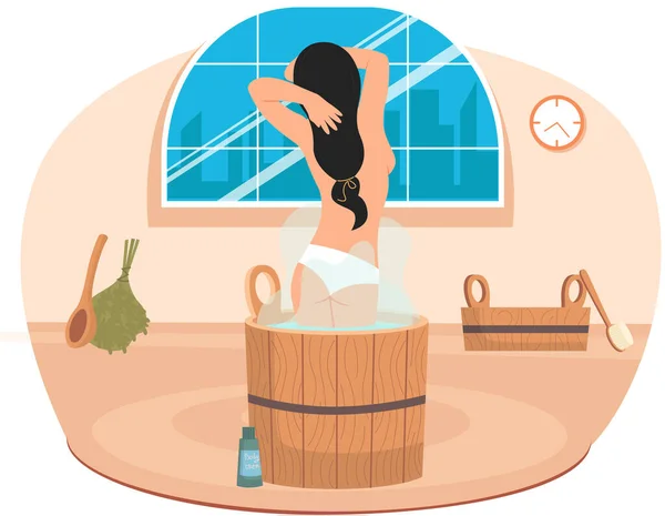 Il carattere femminile è rilassante nella sauna di casa con vapore e si affaccia fuori dalla finestra con vista sulla città — Vettoriale Stock