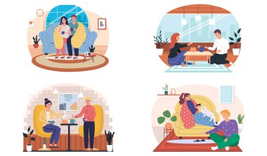 Kendi kendini tedavi etme üzerine ortak uğraş hakkında bir dizi çizim. Hastalık sırasında evde tedavi görenler