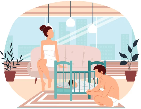 Les gens en sous-vêtements passent du temps après le bain ensemble à la maison. Les parents aident l'enfant à s'endormir — Image vectorielle