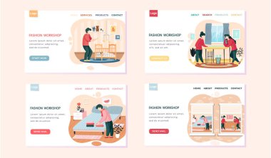 Moda atölyesi iniş sayfası şablonu tasarımcısı model yapıyor. Atölye çalışanları yeni elbiseler icat etti.