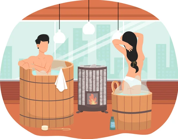 Couple standing in fonts. People in hot steam are bathing and spending romantic time together — Stock Vector