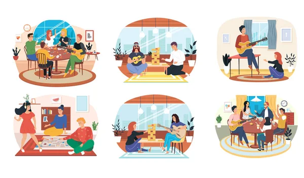 Set di illustrazioni su musicisti con chitarra intrattenere le persone a giocare a giochi da tavolo in appartamento — Vettoriale Stock