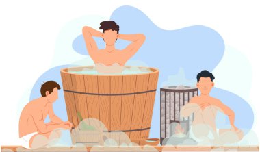 Sıcak buhar kullanan ve saunada ahşap yazı tipiyle iletişim kuran erkek karakterler.