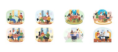 Bir grup illüstrasyon gitaristi insanları masa oyunlarıyla eğlendiriyor. Dinlen ve müzikle eğlen.