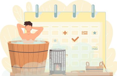 Küvette oturan genç adam. Varildeki adam takvimin arka planında dinleniyor.