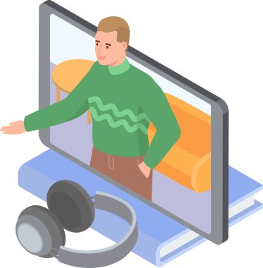 Tablet ekranda kişi ile bilgisayar vektör illüstrasyon tasarımı video konferansında genç adam