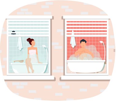 Evdeki saunadaki buharlı insanların banyo yapışına bakın. Banyo iç tasarımı