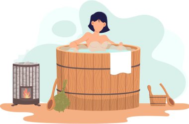 Ahşap fontta oturan kadın. Kişi fıçıda, su ısıtılıp, ateş aletiyle ısıtılıyor.