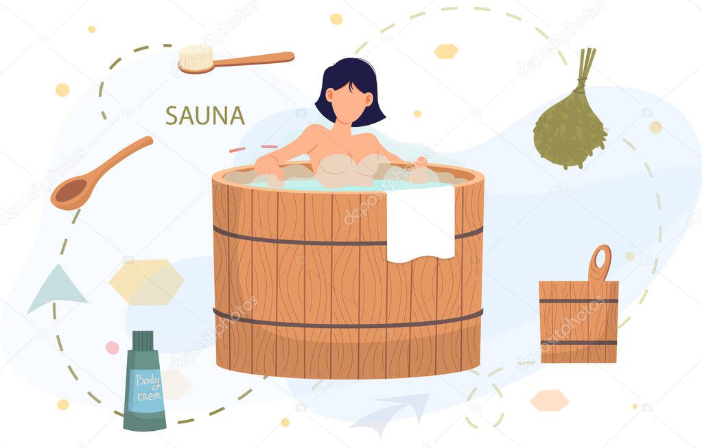 Female character surrounded by bath accessories is relaxing in wooden font with hot steam in sauna