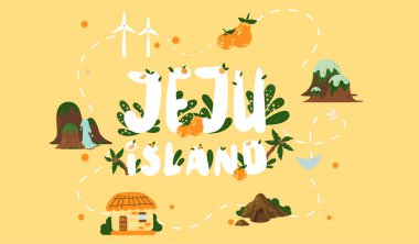 Güney Kore 'deki Jeju adasına hoş geldiniz. Geleneksel simgeler, semboller. Geleneksel cazibesi olan Kore toprakları