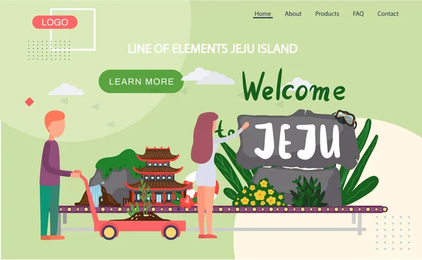 Línea de elementos Isla de Jeju landing page. Viajando a Corea por jardín botánico y parque de piedras — Vector de stock