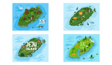 Güney Kore 'deki Jeju adasına hoş geldiniz. Geleneksel simgeler, semboller. Geleneksel cazibesi olan Kore toprakları