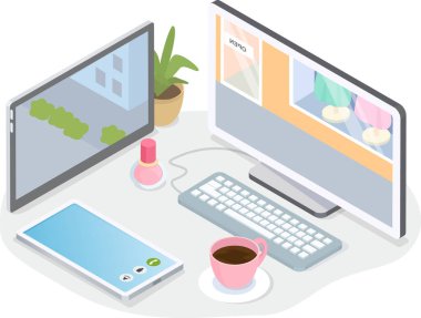 Ofis çalışanının işyeri. Bilgisayar, tablet bilgisayar, akıllı telefon ve diğer ofis nesnelerine sahip masaüstü