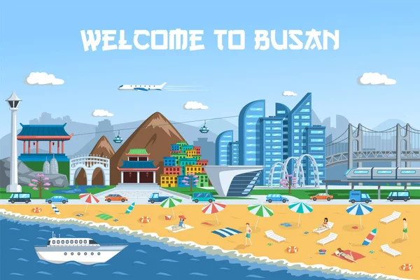 Bandeira de viagem Busan Ilustração vetorial. Bela ponte de corda e edifício de paisagem urbana. — Vetor de Stock