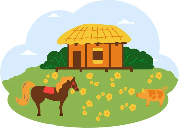 Asian village old house vector art. Thatched-roof rural hut, horse and pig country animals in meadow Stock Vector
