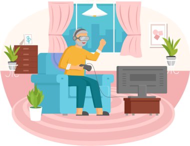 Yaşlı insanlar video oyunu oynar. Farklı aletleri olan yaşlı insanlar. Bilgisayarda eski eğitim