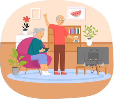 Yaşlı insanlar video oyunu oynar. Farklı aletleri olan yaşlı insanlar. Bilgisayarda eski eğitim