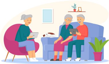 Yaşlı insanlar video oyunu oynar. Farklı aletleri olan yaşlı insanlar. Bilgisayarda eski eğitim