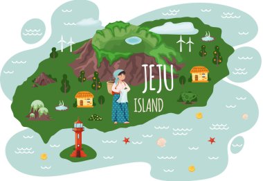 Ulusal kostümlü kadın karakter. Güney Kore 'deki Jeju adasına hoş geldiniz. Jeju 'nun yerlisi.