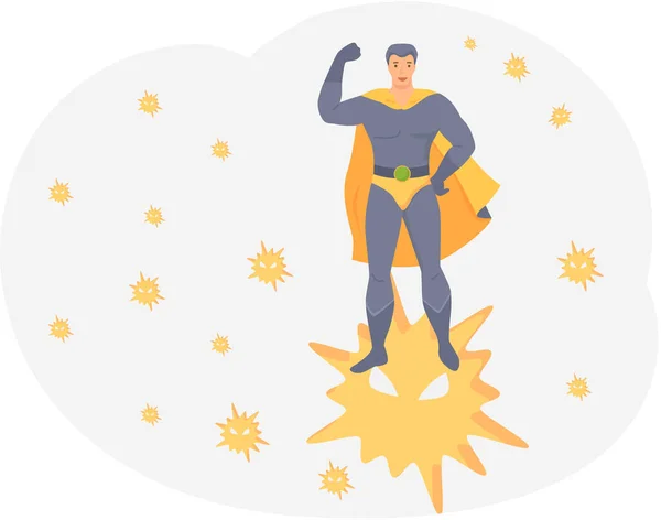 Héros démontre le pouvoir de l'immunité. Homme super héros en costume lutte contre le virus et les bactéries — Image vectorielle