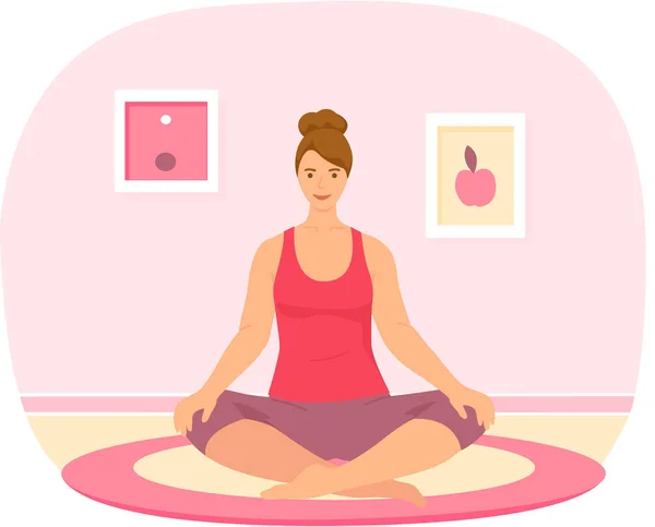 Chica meditando para mejorar su salud. Mujer haciendo yoga en casa. Ejercicios para aliviar el estrés — Vector de stock