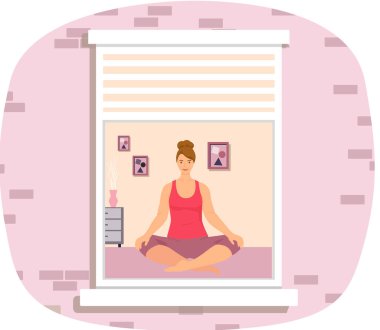 Evde yoga yapan bir kadından diğerine bakmak. Kadın karakter sağlığını iyileştirmek için meditasyon yapıyor.