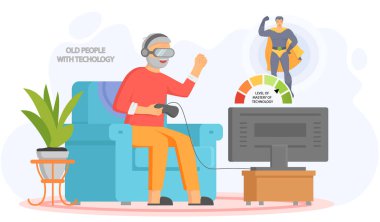 Yaşlı insanlar video oyunu oynar. Farklı aletleri olan yaşlı insanlar. Bilgisayarda eski eğitim