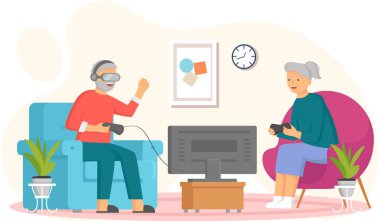 Yaşlı insanlar video oyunu oynar. Farklı aletleri olan yaşlı insanlar. Bilgisayarda eski eğitim