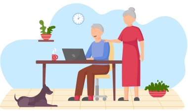 Yaşlı insanlar video oyunu oynar. Farklı aletleri olan yaşlı insanlar. Bilgisayarda eski eğitim