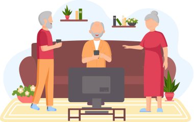 Yaşlı insanlar video oyunu oynar. Farklı aletleri olan yaşlı insanlar. Bilgisayarda eski eğitim