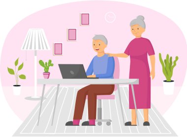 Laptopta video izleyen mutlu yaşlı çift. Yaşlılar teknoloji ve bilgisayar kullanıyor.