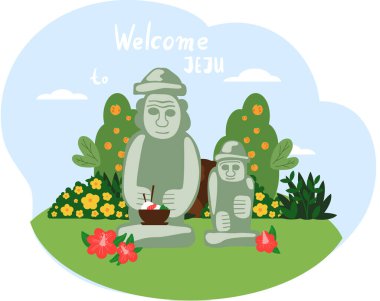 Large statues, stone idols surrounded by Jeju landscape. Nature and architecture of island in Korea clipart