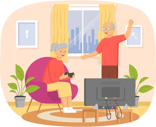 Vieil homme regardant la femme jouer à des jeux vidéo sur playstation. Couple âgé utilise la technologie — Image vectorielle