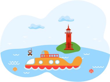 Dalgıç ve denizaltılı deniz burnu. Güney Kore 'deki Jeju adasının deniz feneriyle manzarası.