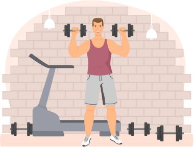 Sporcu, kaldırıcı halterleri koşu bandının arka planına doğru kaldırıyor. Egzersiz, günlük egzersizler.