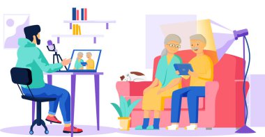 Son sınıflar stüdyoda video ya da kayıt yapıyor. Yaşlı adam ve kadın teknolojiyle kayıt yapıyorlar.