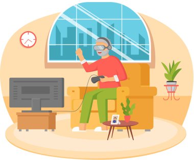 VR gözlüklü yaşlı adam playstation 'da oynuyor, konsol vektör illüstrasyonlu video oyunu